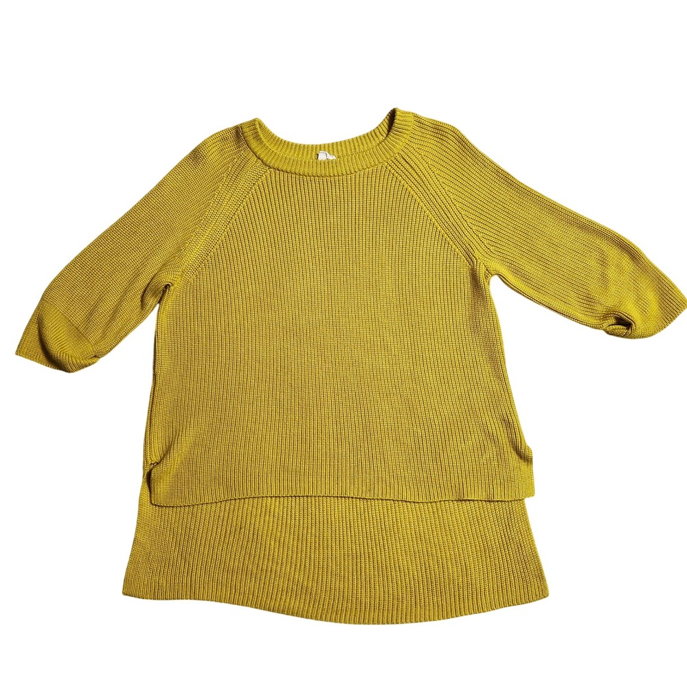 Mote Mustard Yellow Knit Sweater Womens Large Raglan 3/4 Sleeve High Low Hem